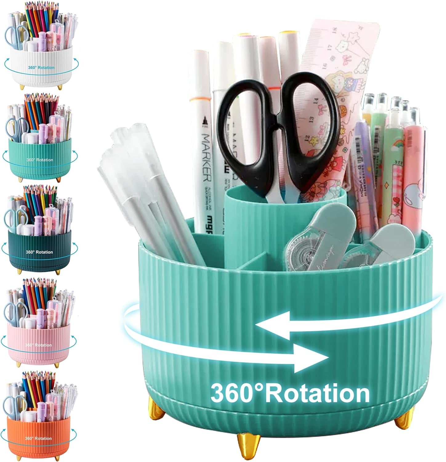 Pencil Holder for Desk,5 Slots 360°Degree Rotating Desk Organizers and Accessories,Desktop Storage Stationery Supplies Organizer, Cute Pencil Cup Pot for Office, School, Home (C-Blue)