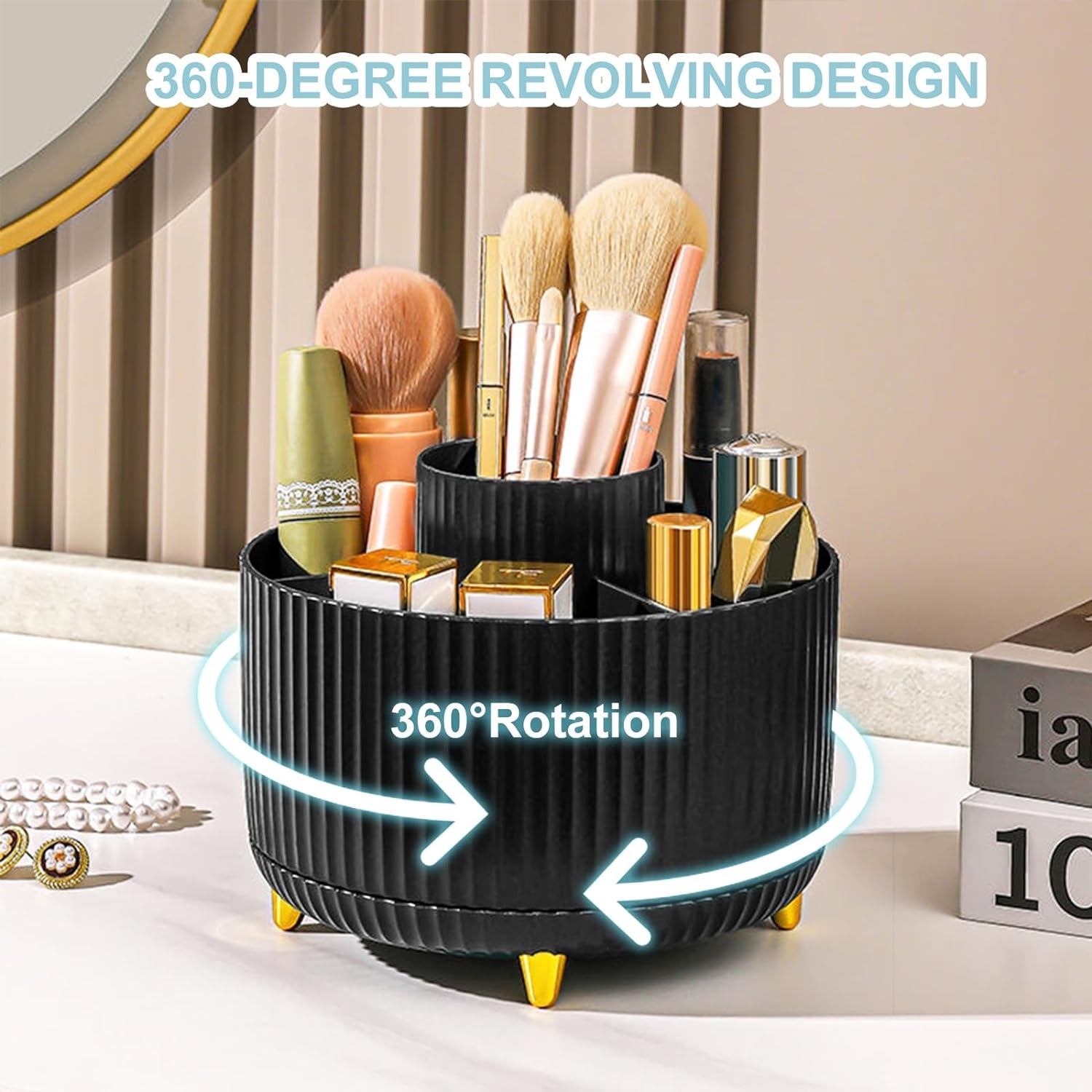 Pencil Holder for Desk,5 Slots 360°Degree Rotating Desk Organizers and Accessories,Desktop Storage Stationery Supplies Organizer, Cute Pencil Cup Pot for Office, School, Home (H-Black)