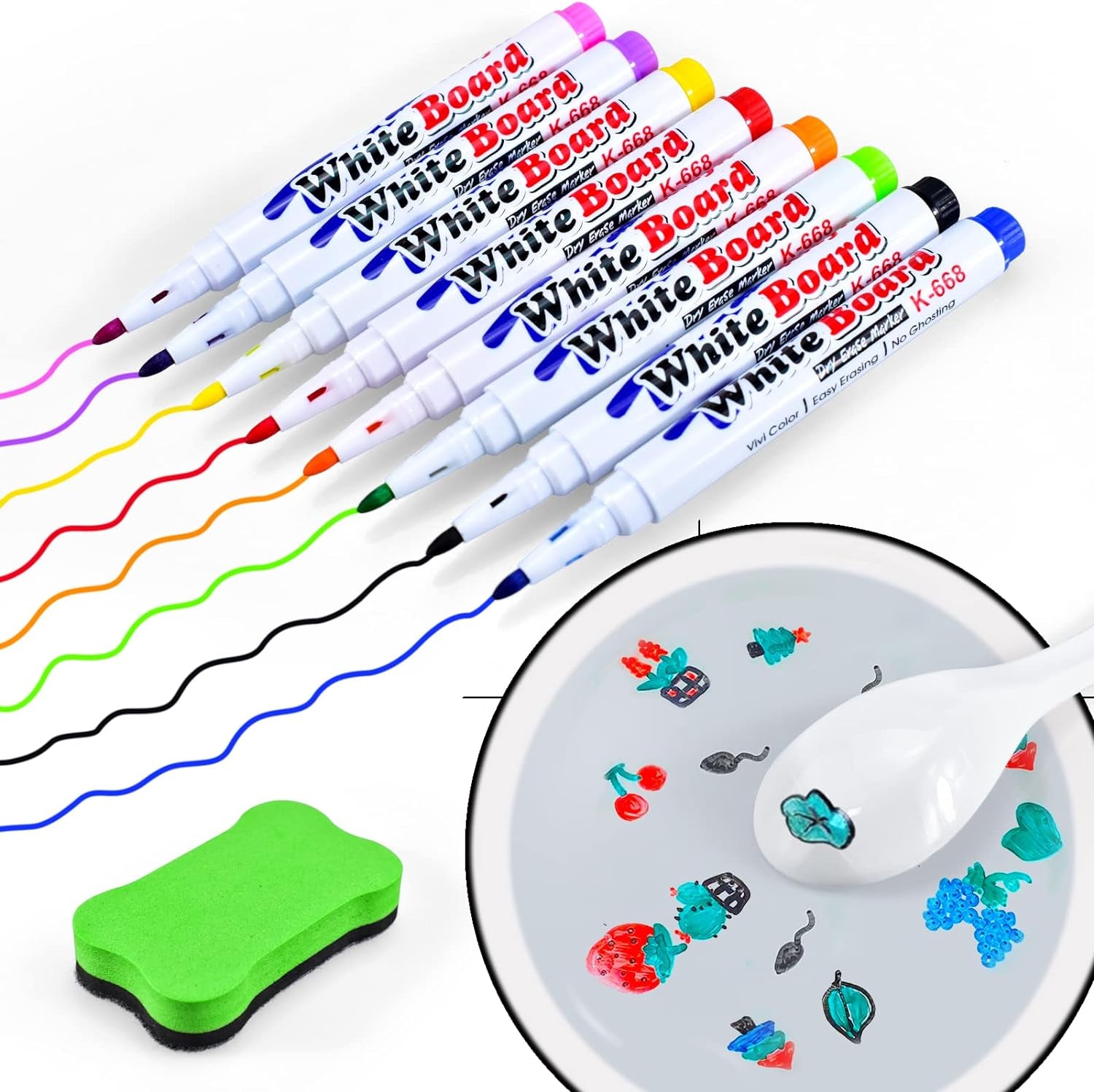 Magical Water Painting Pen,Doodle Water Floating Pens,8/12 Colors Magical Water Painting Markers with Ceramic Spoon+Erasing Whiteboard Toy Gift for 3 4 5 6 7 8 Year Old Boys Girls Kids