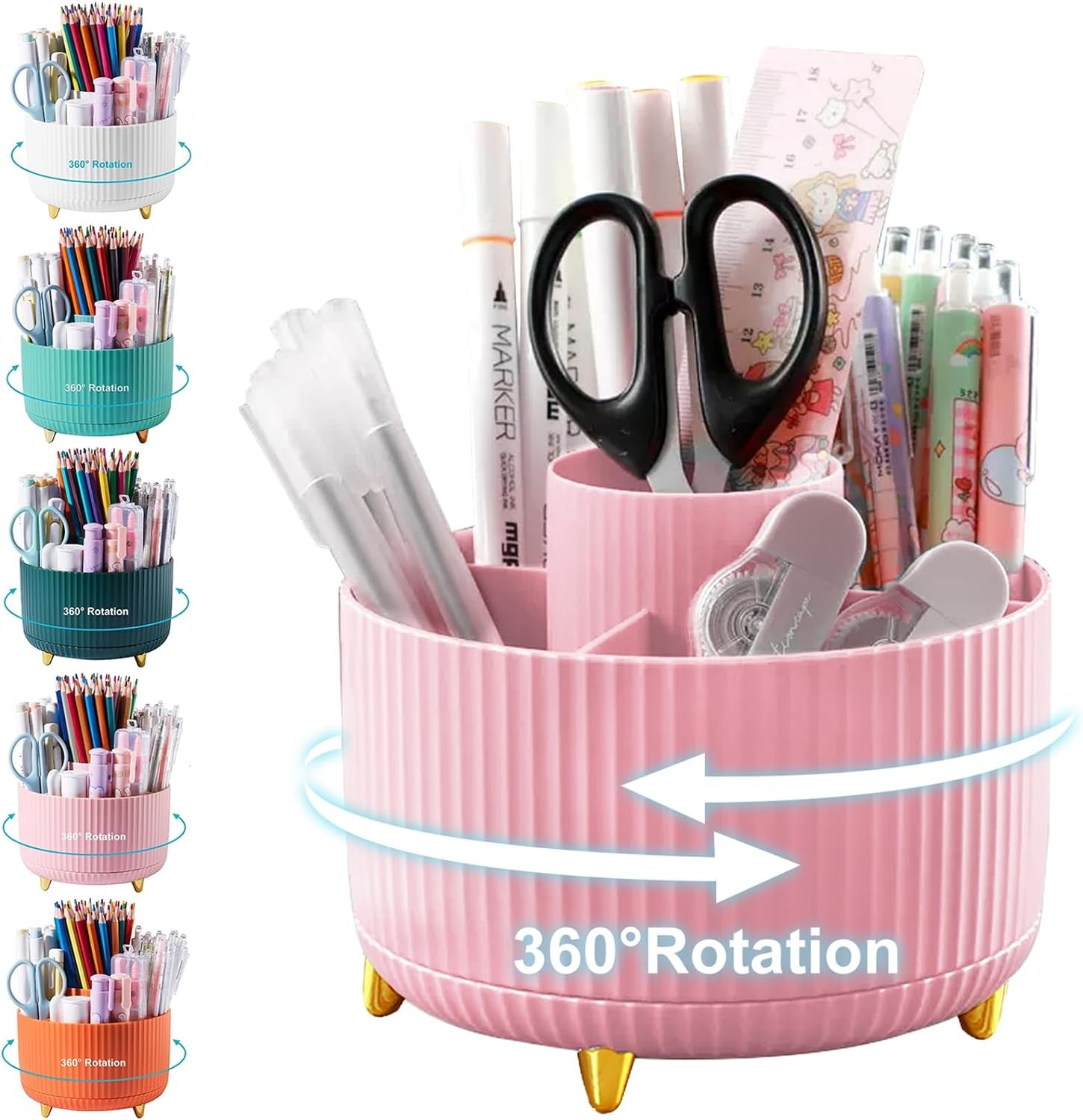 Pencil Holder for Desk,5 Slots 360°Degree Rotating Desk Organizers and Accessories,Desktop Storage Stationery Supplies Organizer, Cute Pencil Cup Pot for Office, School, Home (D-Pink)