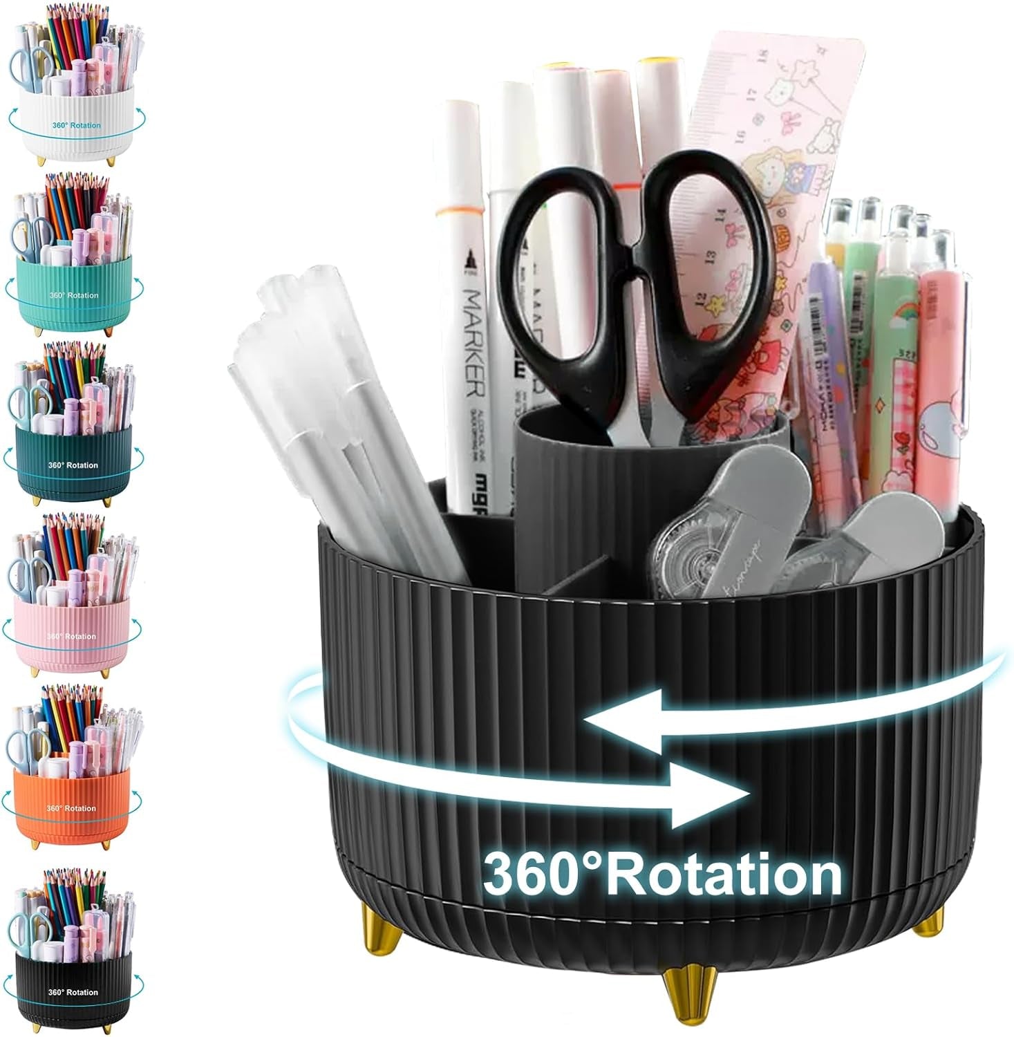 Pencil Holder for Desk,5 Slots 360°Degree Rotating Desk Organizers and Accessories,Desktop Storage Stationery Supplies Organizer, Cute Pencil Cup Pot for Office, School, Home (H-Black)