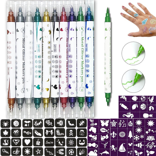 Temporary Tattoo Markers for Skin, 10 Colors Body Markers Tattoo Pen + 72 Paint Stencils, Metal Color Double Ended Thick and Thin Tattoo Pen Removable Fake Tattoos Kit for Kids Teens and Adult