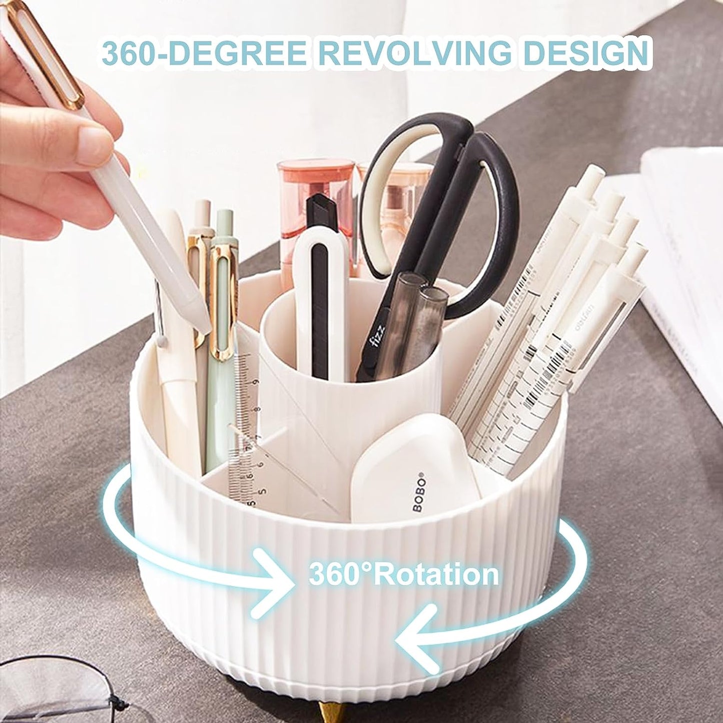 Pencil Holder for Desk,5 Slots 360°Degree Rotating Desk Organizers and Accessories,Desktop Storage Stationery Supplies Organizer, Cute Pencil Cup Pot for Office, School, Home (B-White)