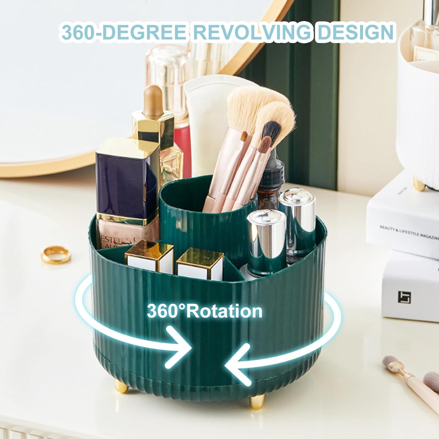 Pencil Holder for Desk ,5 Slots 360°Degree Rotating Desk Organizers and Accessories ,Desktop Storage Stationery Supplies Organizer, Cute Pencil Cup Pot for Office, School, Home (A-Green)