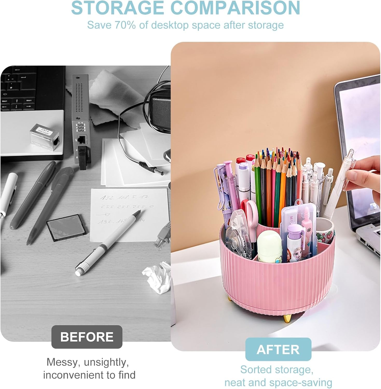 Pencil Holder for Desk,5 Slots 360°Degree Rotating Desk Organizers and Accessories,Desktop Storage Stationery Supplies Organizer, Cute Pencil Cup Pot for Office, School, Home (D-Pink)