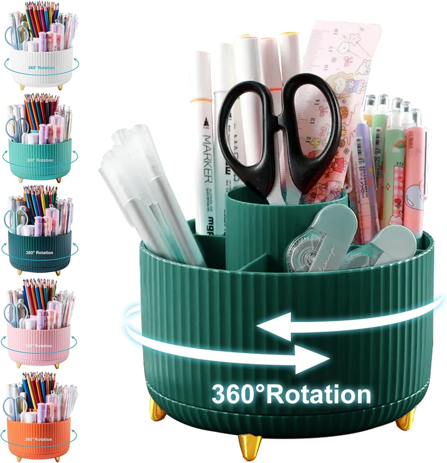 Pencil Holder for Desk ,5 Slots 360°Degree Rotating Desk Organizers and Accessories ,Desktop Storage Stationery Supplies Organizer, Cute Pencil Cup Pot for Office, School, Home (A-Green)