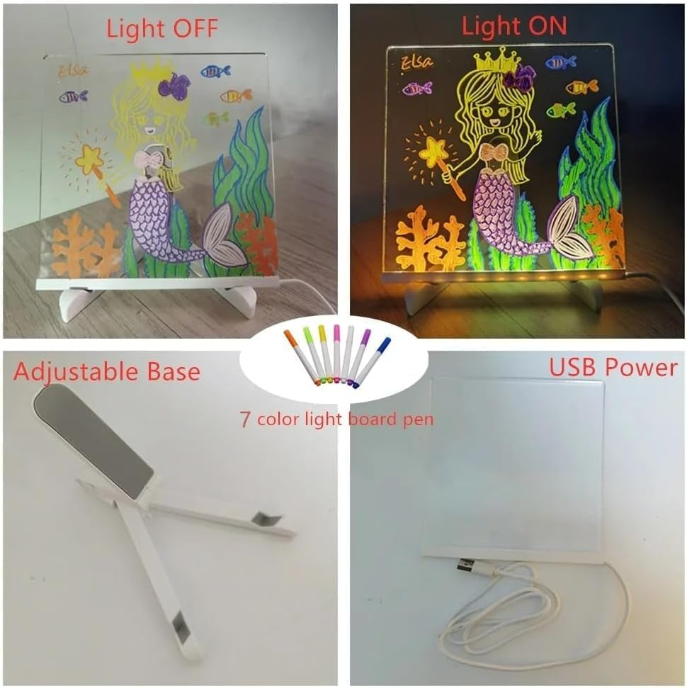 LED Note Board with Colors, Acrylic Dry Erase Board with Light and 7 Colorful Pens, Light up Dry Erase Board with Stand as a Glow Memo Message Board Note Led Board (15CM X 15CM)