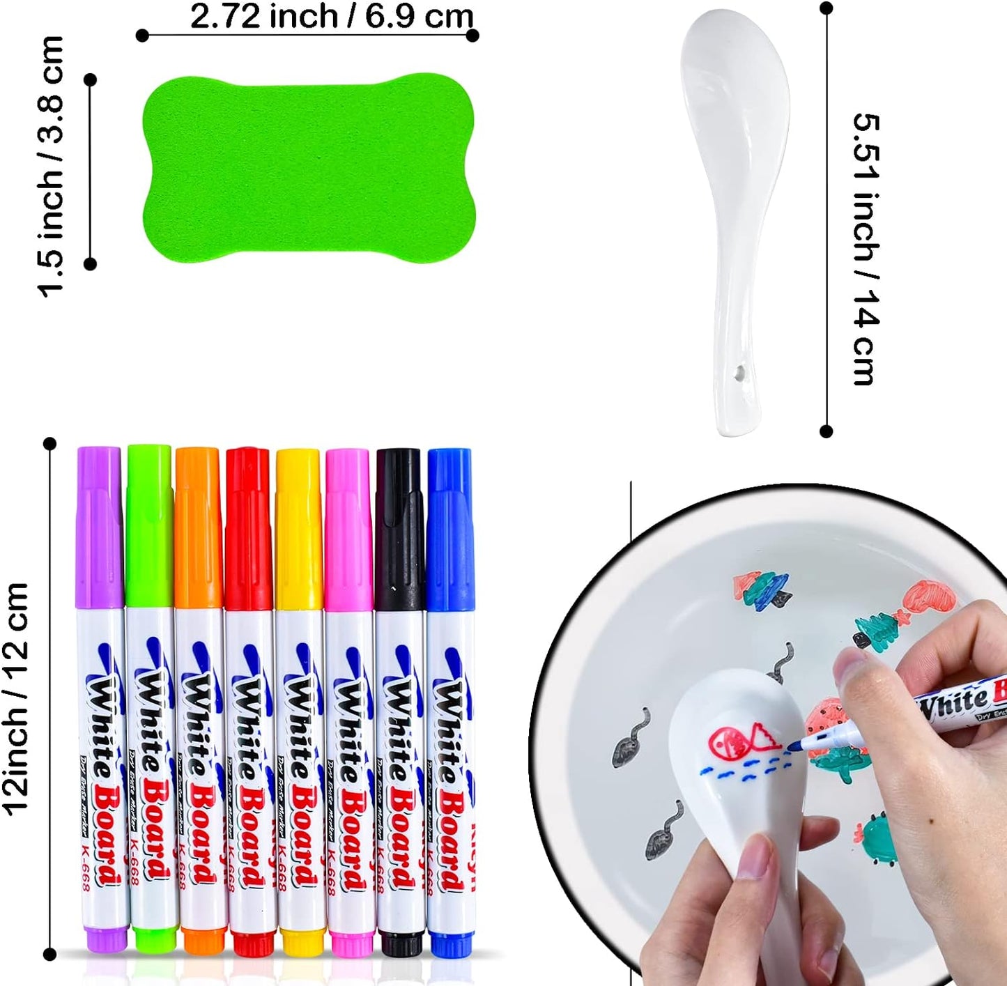 Magical Water Painting Pen,Doodle Water Floating Pens,8/12 Colors Magical Water Painting Markers with Ceramic Spoon+Erasing Whiteboard Toy Gift for 3 4 5 6 7 8 Year Old Boys Girls Kids