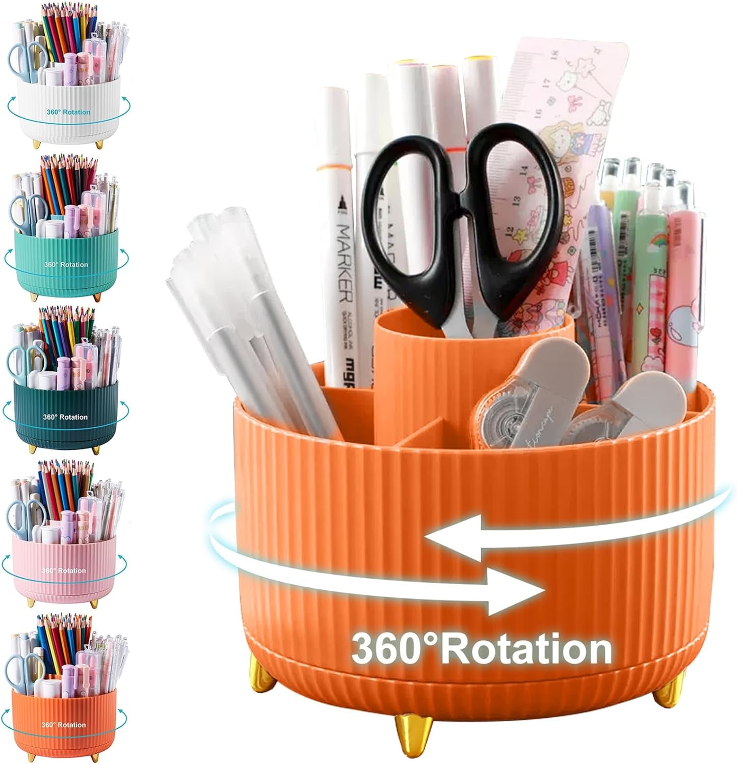 Pencil Holder for Desk,5 Slots 360°Degree Rotating Desk Organizers and Accessories,Desktop Storage Stationery Supplies Organizer, Cute Pencil Cup Pot for Office, School, Home